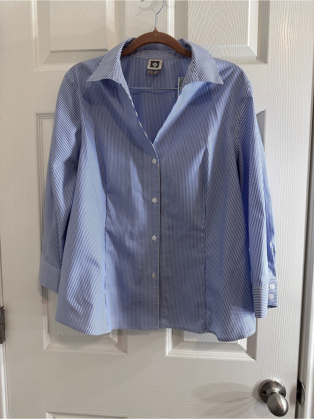 Anne Klein Blue White Pinstripe Fitted Button Down Shirt Size L